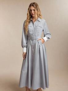 BizChic Striped Print Belted Asymmetric Pocket Long Sleeve Dress - Blue - View 6