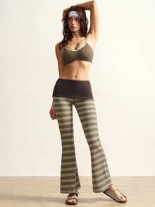 VARSIVA Women's Dark Green Color-Blocked Flared Pants With A Folded Waistband And Color-Blocked Stripes Are A Versatile And Casual Style, Perfect For Yoga And Pilates. - Multicolor - View 4