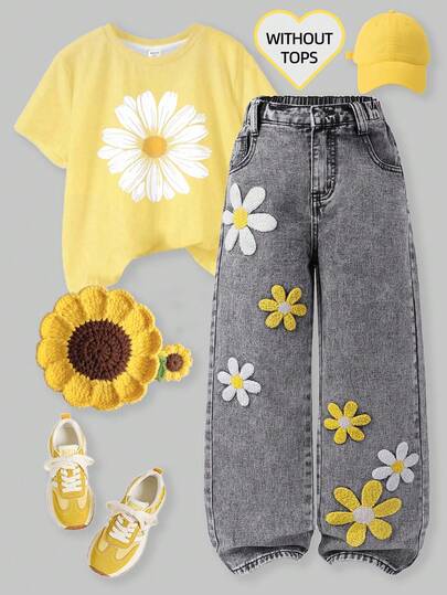 SHEIN ChillGRL Stylish Young Girl Long Blue Denim Jeans With Charming Floral Flocking, Comfortable Straight Leg 70s Jeans