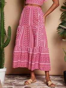 Travachic 复古撞色条纹休闲夏季度假风半身裙，女士度假休闲套装，适合夏季假期、春假、派对、海滩、春季、情人节、女士情人节、狂欢节服装，优雅、花卉、狂欢节、春夏交替、派对、波西米亚风、墨西哥风 - 紅白色 - 查看 5