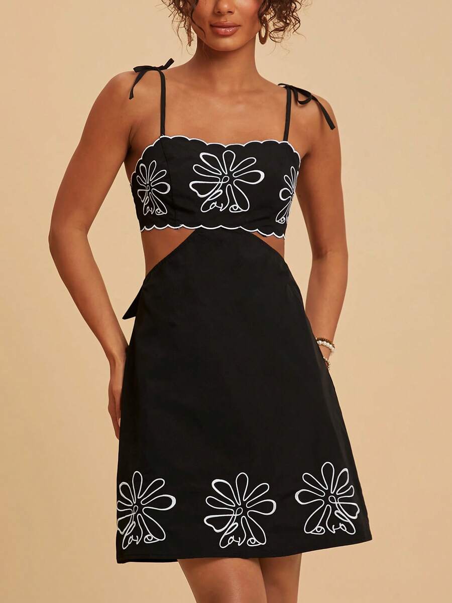 Travachic Women's Summer Vacation Floral Embroidery Spaghetti Strap Hollow Out Dress Xs Dress For Women Y2k Dresses Zanzea Dress For Women Woman Dress Wow Dress,Summer Dresses For Women - Black - View 1