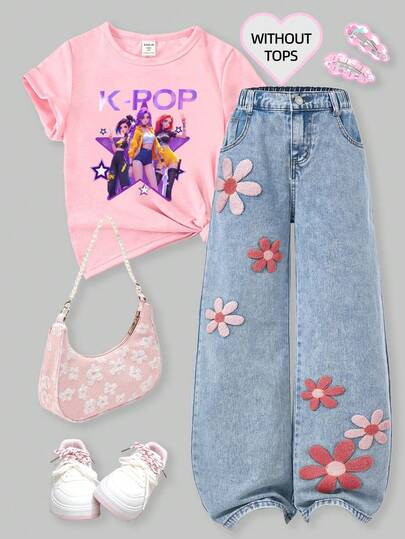 SHEIN ChillGRL Tween Girls Jeans - New Fashion Snowflake Washed Distressed Embroidered Wide Leg Jeans, Minimalist Style, Urban City Girl, Retro Faded Denim Color, Y2K College Style, Streetwear, Casual, Cute, Vintage, Square Button, Waist Cutout, Comfortable Cotton Denim, Light Blue Denim Dress For All Seasons, Fashionable And Stylish For Daily Wear, School, Commute, Gathering, Home, Back To School Season, 25th Autumn New Arrival