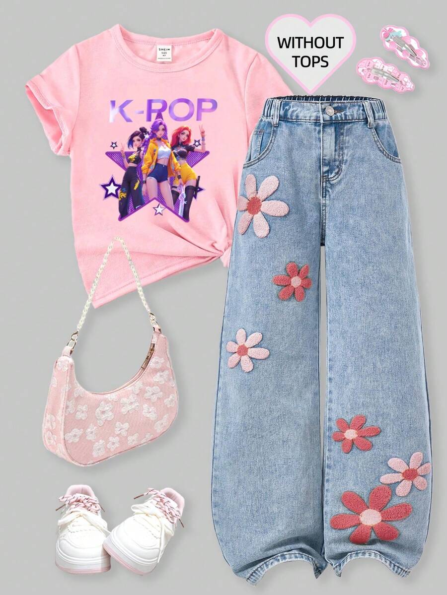 SHEIN ChillGRL Tween Girls Jeans - New Fashion Snowflake Washed Distressed Embroidered Wide Leg Jeans, Minimalist Style, Urban City Girl, Retro Faded Denim Color, Y2K College Style, Streetwear, Casual, Cute, Vintage, Square Button, Waist Cutout, Comfortable Cotton Denim, Light Blue Denim Dress For All Seasons, Fashionable And Stylish For Daily Wear, School, Commute, Gathering, Home, Back To School Season, 25th Autumn New Arrival - Blue - View 1