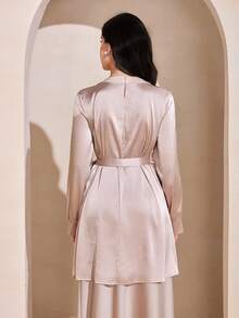 Graceveil Satin Beaded Tie Waist Long Sleeve Elegant Blouse For Women - Champagne - View 4