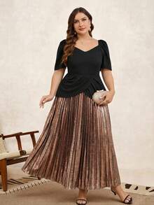 Gownix Curvy Plus Size Women's Elegant Black Summer Satin Dress,Shiny Pleats Stitching Dinner Formal Party Ball Gown,Waist Graduation Prom Dresses - Multicolor - View 11
