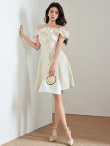 Heiryn 女士露肩单排扣优雅收腰派对迷你连衣裙 - 白色 - 查看 6