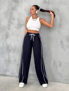 EURMUSE Cotton Contrast Binding At Side Slant Pockets At Both Side Wide Leg Sweatpants. - Navy Blue - View 4