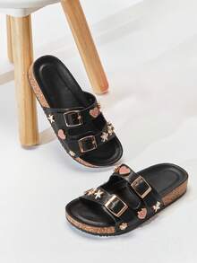 Mini mi Kids' Star & Heart Charms Double-Buckle Footbed Cork Pu Black Slide Sandal– Cute, Fun & Comfortable - Black - View 1
