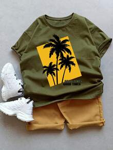 Bộ 2 món đồ chơi bé trai, áo thun ngắn tay và quần short in hình, thích hợp cho kỳ nghỉ hè. - xanh quân đội - Xem 4