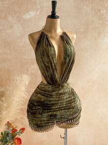 Soleia Đầm mini ôm sát gợi cảm kiểu vintage bằng vải lưới, cổ khoét sâu, đính hạt cườm, thích hợp cho tiệc tùng, Giáng sinh, hẹn hò, hộp đêm, phong cách Bohemian, Boho, kỳ nghỉ, mùa thu. - màu xanh lá - Xem 5