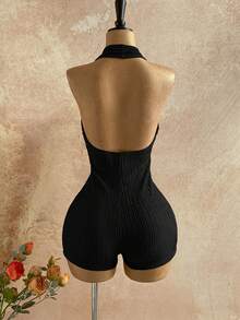 Soleia Bộ jumpsuit nữ màu trắng dệt kim có họa tiết, kiểu dáng thanh lịch, hở lưng, cổ tròn, gợi cảm cho Halloween, Giáng sinh, kỳ nghỉ. - màu đen - Xem 2