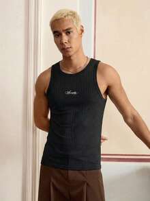 SWAVVY Men's Slim Fit Black Sleeveless Tank Top With Embroidered Logo, Summer - Black - View 1
