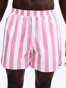 SUMWON 男士竖条纹沙滩泳裤，抽绳腰带，夏季泳装短裤，冲浪短裤，度假泳装 - 紅色 - 查看 6