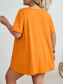 SHEIN CURVE+ Áo thun tay ngắn cổ tròn màu trơn cỡ lớn kiểu dáng thường ngày - trái cam - Xem 2
