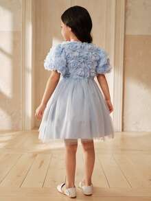 SHEIN Glamorique Kids 女童刺绣仿珍珠网纱纯色短袖连衣裙 - 藍色 - 查看 2