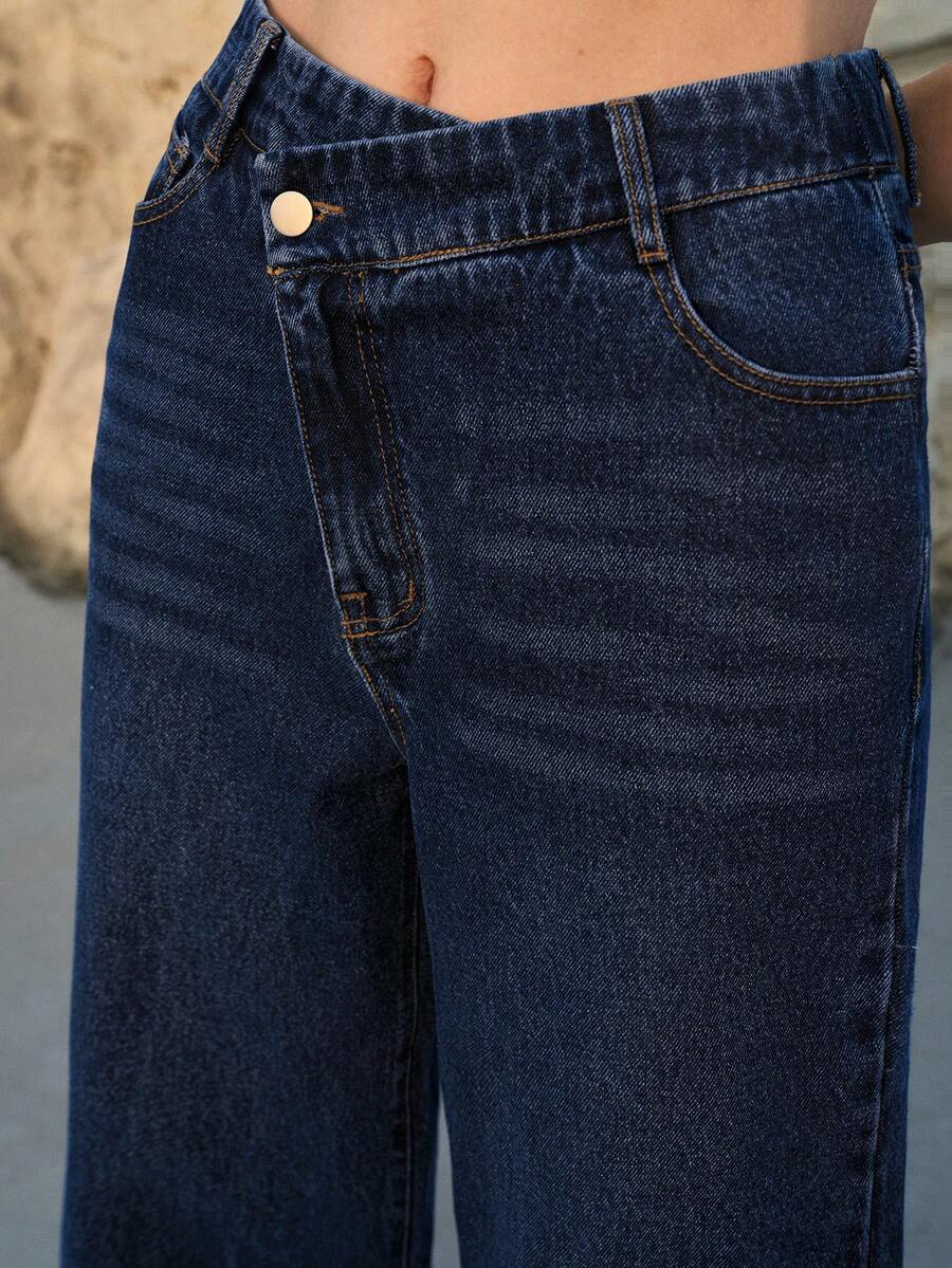 MOTF PREMIUM SPRING/SUMMER ASYMMETRICAL PLACKET WASHED STRAIGHT-LEG JEANS - Dark Wash - View 2