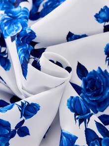 ChillGRL 少女提花荷叶边下摆蝴蝶结腰身蓝色提花荷叶边袖连衣裙，适合青少年女孩夏季休闲日常度假穿着 - 藍色 - 查看 6