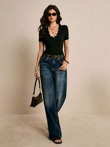 Poéselle 女士纯色简约短袖连体衣，日常穿着 - 黑色 - 查看 4