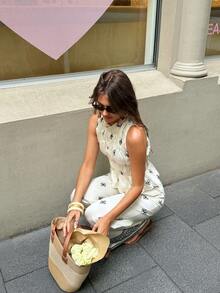 Serisse Women's Mandarin Collar Sleeveless Ruffle Hem Allover Print 2 Pieces Set, Summer - White - View 6