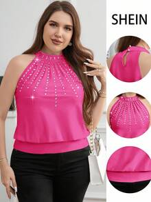 SHEIN Clasi Plus Size Women Y2K Solid Color Rhinestone Decor Elegant Halter Neck Camisole - Hot Pink - View 3