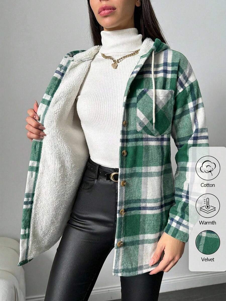 EURMUSE Cotton Ladies' Plaid Drawstring Hooded Regular-Fit Jacket - Green - View 1