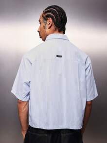 PLAYBOY X SUMWON Men's Cropped Button Down Shirt With Pinstripe Pattern And Bunny Embroidery Short Sleeve Collared Top - Blue and White - View 2