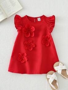 SHEIN Baby Girl Elegant Red Floral 3D Decor Ruffle Hem Loose Sleeveless Dress, Wedding Ceremony - Red - View 3