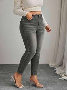 EURMUSE Jeans casual versatili a vita alta con tasche, taglie comode per donne in sovrappeso - Grigio Chiaro - Visualizzare 3