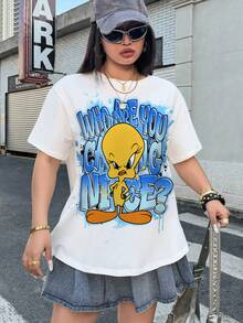 LOONEY TUNES X SHEIN Áo thun tay ngắn cổ tròn cỡ lớn in hình hoạt hình, thời trang và đa năng cho mùa hè. - trắng - Xem 3