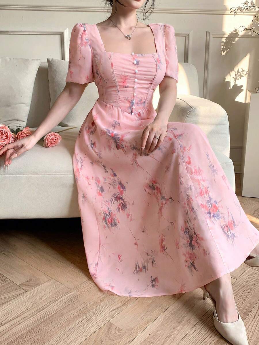 DAZY 法式碎花连衣裙，浪漫复古风夏季吊带裙 - 粉色 - 查看 1