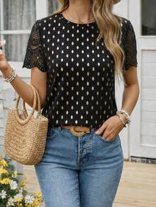 EMERY ROSE Polka Dot Digital Print Lace Sleeve Crafted Minimalist Round Neck Short Sleeve T-Shirt, A Gift For Friends - Black - View 4