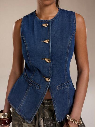 Normani Women's Solid Color Round Neck Front Button Sleeveless Denim Top