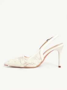 CUCCOO CHICEST 四季新款花朵网纱尖头高跟鞋性感优雅网纱女式高跟鞋露跟性感优雅时尚下午茶派对Hunliji百搭服饰 - 米色 - 查看 4