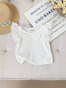 SHEIN Baby Girl Cute Casual Versatile Knit Bow Tie Cap Sleeve Top - White - View 4