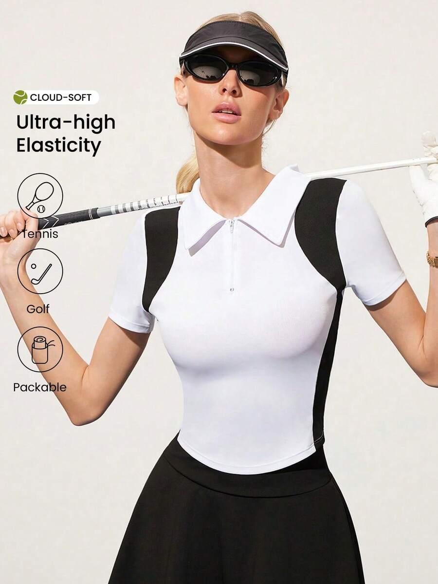 Gameset SHEIN Sport 女士简约撞色四分之一拉链短袖高尔夫Polo衫,夏季 - 黑與白 - 查看 1