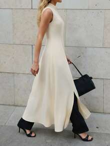 BizChic Spring/Summer New White Mandarin Collar Sleeveless Off-Shoulder Side Invisible Zipper Slit Dress, Versatile Layering, Elegant Carnival Party Wear - Apricot - View 4