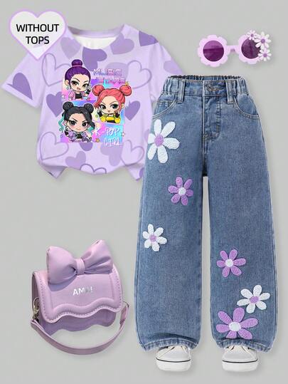 90年代风格少女花卉植绒口袋阔腿宽松休闲牛仔裤