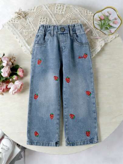 SHEIN Young Girl Light Wash Blue Strawberry Print Wide Leg Jeans, Comfortable Sweet Casual Vacation School Style Recommended!