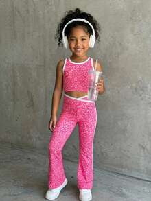 SHEIN 女童粉色豹纹背心和裤子套装，高弹面料 - 粉色 - 查看 9