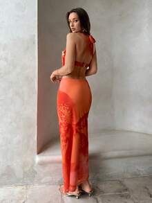 Aloruh 女士春夏新款超长连衣裙，橙色印花，两穿式摆裙，优雅性感，饰以奢华3D立体花卉图案，女士度假/沙滩装 - 橘色 - 查看 3