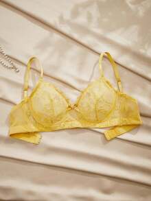 Charlaine Underwire, Lace Patchwork, Sheer, Romantic French Style, Lift Up Women's Bra - Yellow - View 4