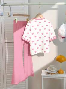 2 pièces/set Top à manches courtes avec motif cœur et short décontractés pour jeunes filles, convient pour l'été - Multicolore - Voir 2