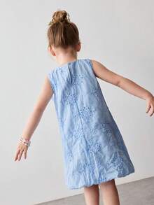 Maija Kids Young Girl Blue Embroidered Bow Decor Round Neck Sleeveless Casual Dress,Kids - Blue - View 7