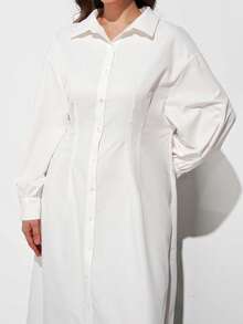 Maija Plus Size Women's Silky White Shirt Collar Long Puff Sleeve Cinched Waist Flared Hem Dress,Autumn Smart Casual Everyday Urban Business Modest Outfits - White - View 1