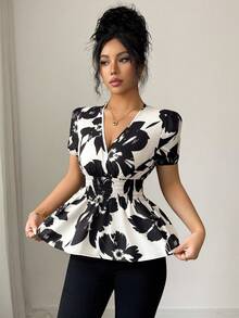 Elenzga 女士时尚优雅印花V领收腰上衣 - 彩色 - 查看 6
