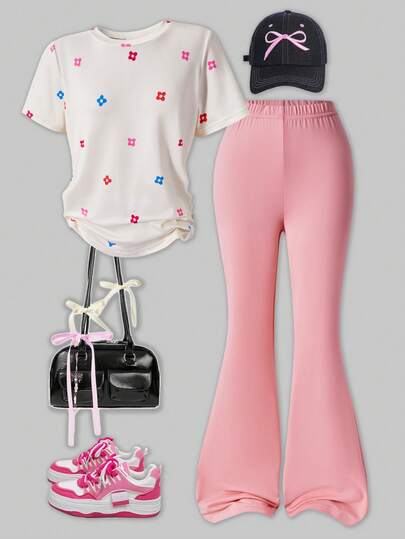 ChillGRL 2pcs/Set Tween GirlsCasual Floral Print Loose Fit Round Neck Short Sleeve Top And Pink Flare Pants, Spring/Summer