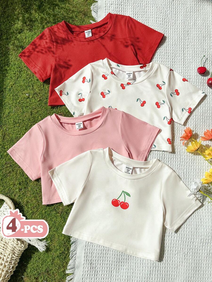 SHEIN Vintaside Kids 4件装女童休闲卡通樱桃印花短款圆领T恤,适合日常穿着、外出、度假、拍照、春夏穿着 - 彩色 - 查看 1