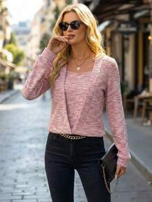 Editum Women's Elegant Pink Waffle Pattern Square Neck Sports Pullover Sweatshirt In Fall/Winter - Pink - View 8