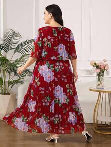 SHEIN Clasi Plus Size Elegant Geometric Print Chiffon Ruffle Hem Dress, Summer - Burgundy - View 2