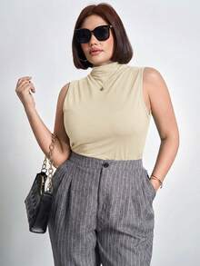 Chikora Plus Size Ruched Slim Fit Stand Collar Tank Top Concert Women,Business Casual Tank Top - Apricot - View 6